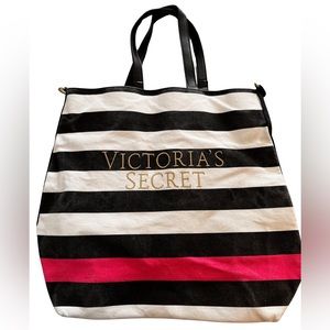 Victoria’s Secret Love Victoria Striped Tote Gold Embroidered Logo Pink